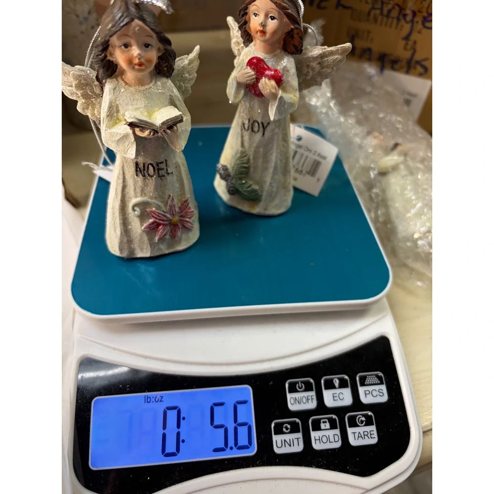 Set of 2 Christmas Angel Flower Ornaments Noel Joy Resin Figures Cream 4 Inch